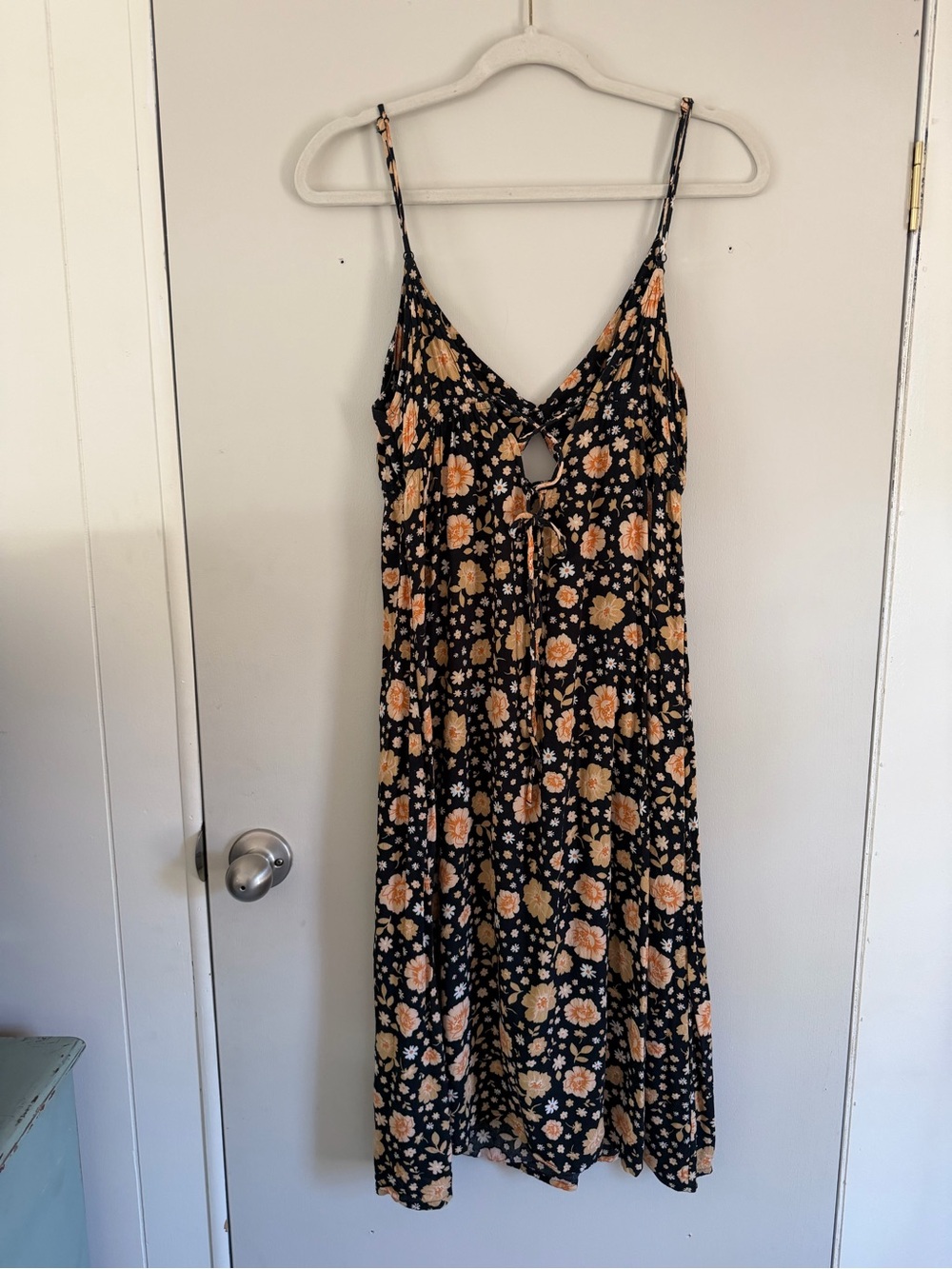 RVCA Floral Spaghetti-Strap Midi Dress - Black with Peach Flowers - Picture 2 of 5